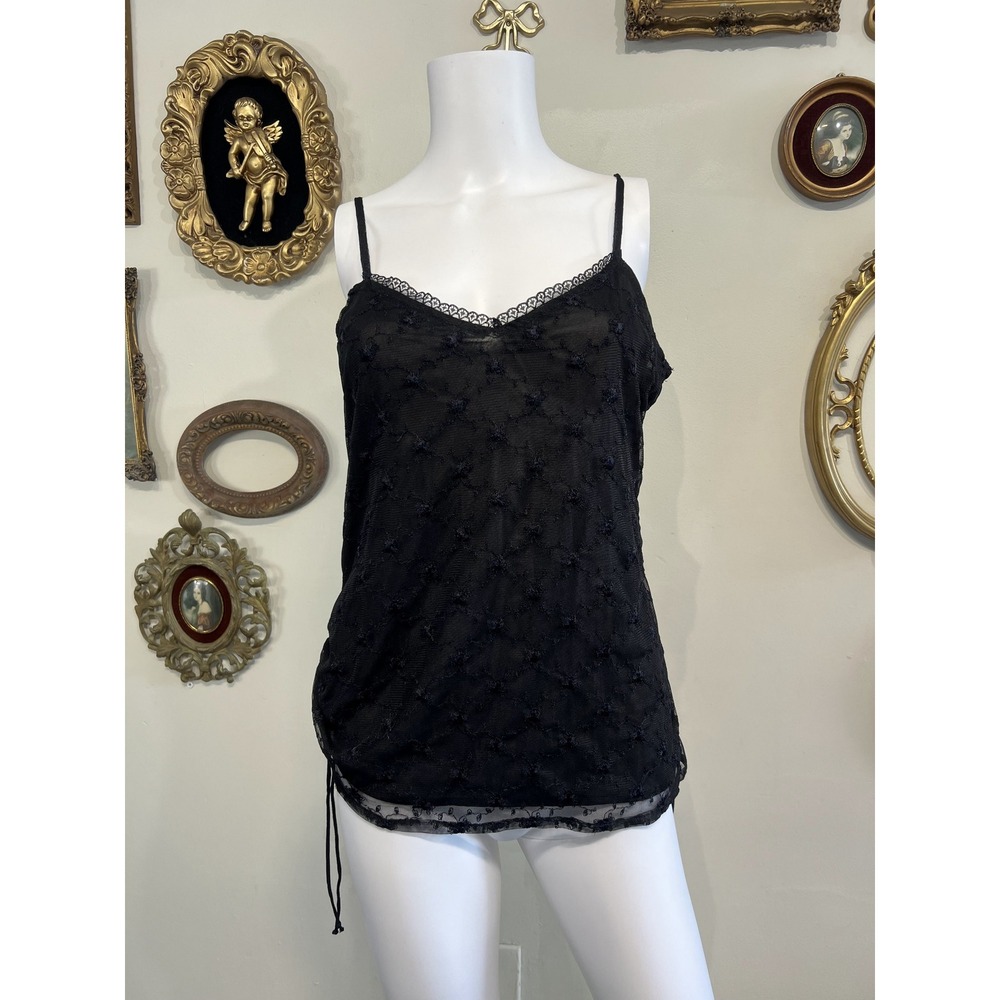 Vintage MKM Designs Black Sheer Floral Flock Cami Top Adjustable Straps Size L